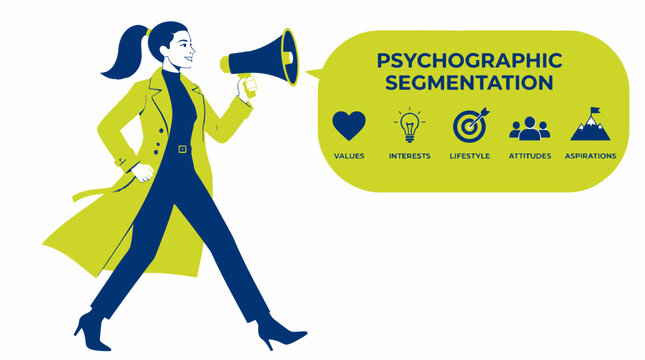 Woman with megaphone promoting psychographic segmentation concept.