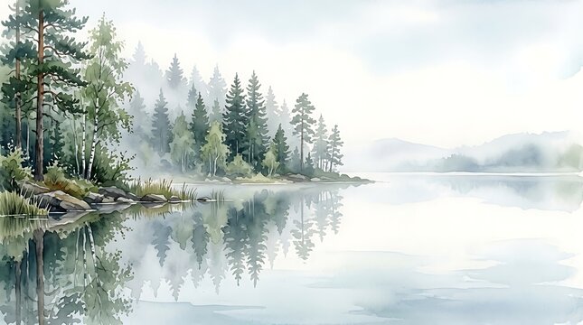 Misty pine forest reflected in a calm lake at dawn