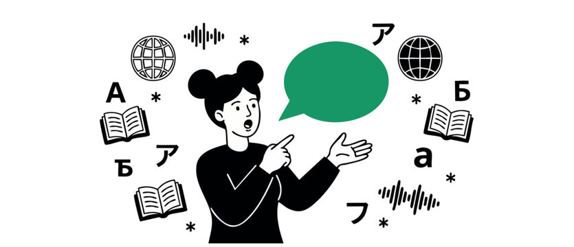 Language learning translation woman student speaking with speech bubble for global communication and multilingual education concept, minimal line art style illustration on white background. Study here