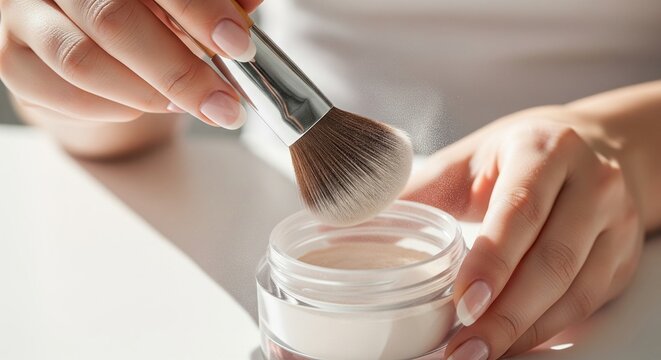 A close-up of female hands with a neat manicure using a thick makeup brush to gently dab into a jar of white face cream or translucent powder.