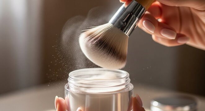 A close-up view of a hand dipping a fluffy cosmetic brush into a jar of loose translucent face powder, causing fine powder dust to fly around.