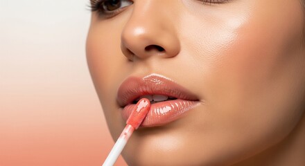 Naklejka premium Close-up of a young woman's lips being covered with a glossy pink lip gloss using an applicator tool, emphasizing shiny and smooth skin.