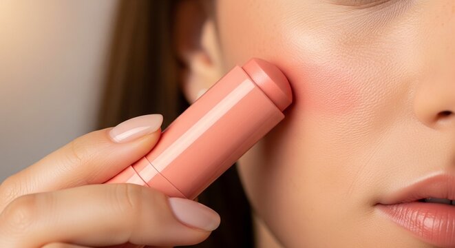 Woman applying pink cream blush stick on her cheek close-up