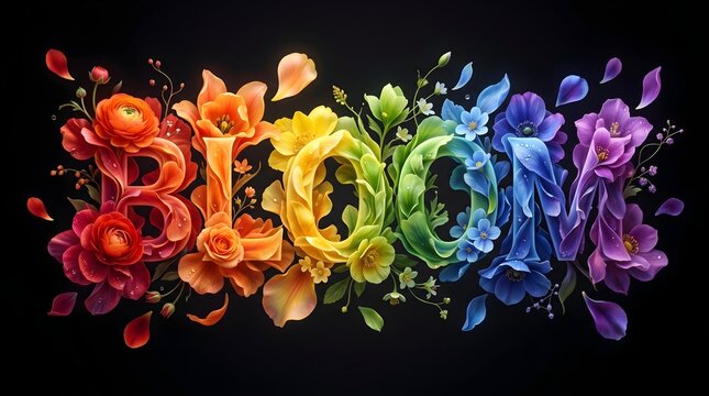 The word bloom spelled out with vibrant rainbow colored flowers on a black background
