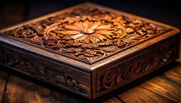 Intricately Carved Wooden Box with Floral Design on Wooden Surface.