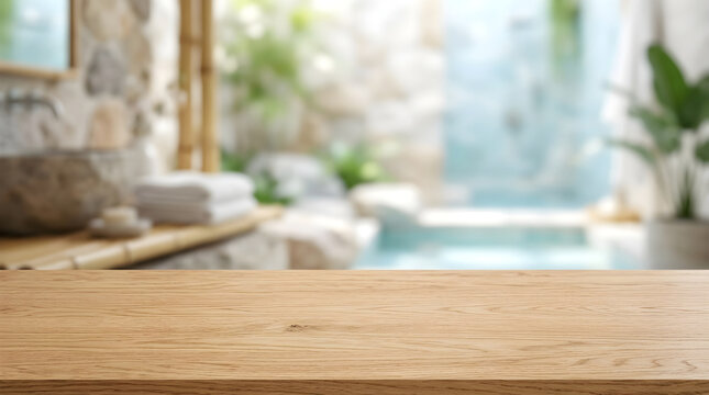 Natural wood tabletop in blurred luxury spa bathroom background for cosmetic product display mockup and presentation.