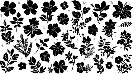 Hibiscus Flower and Tropical Leaf Silhouette Vector Icon Set featuring Botanical Floral Elements for Summer Branding, Cosmetic Packaging, and Wedding Invitation Graphic Designs © Abdul