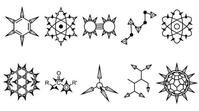 Collection of black and white scientific molecular structures and chemical bond icons.