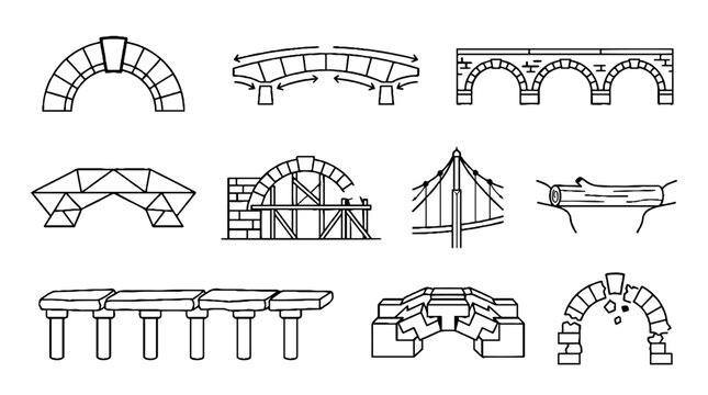 Collection of Hand Drawn Bridge Engineering and Architectural Arch Sketches.