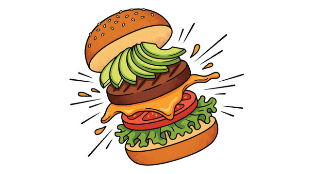Deconstructed plant based vegan burger exploding mid air with fresh ingredients