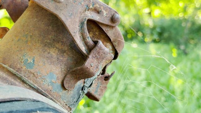 A rusty old latch sits forgotten in a sunny green garden. A delicate spiderweb catches the bright light, creating a lonely mood. This quiet view brings a peaceful sense of nostalgia.