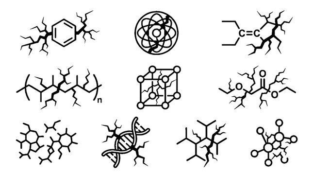 Collection of black chemical molecular structures and scientific icons on white background.