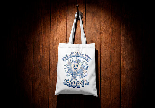 Hanging Canvas Tote Bag on Wooden Wall Mockup