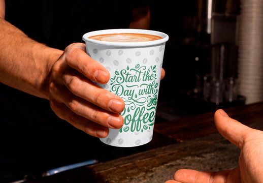 Serving Paper Coffee Cup at Counter Mockup
