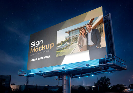 Outdoor billboard mockup under night sky