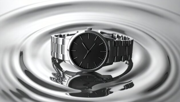 minimal wristwatch mockup above metallic ripple, luxury accessory branding, modern timepiece display