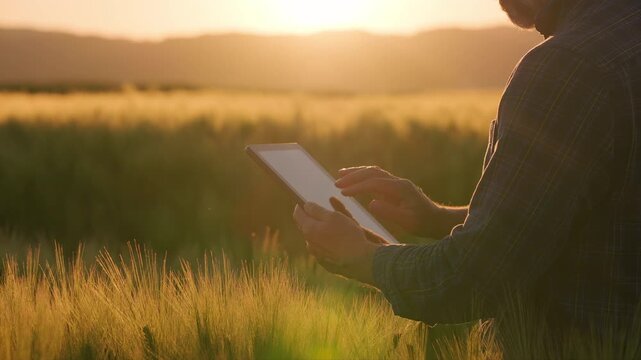 Agronomist checking barley with tablet semi profile back view sunset 4K