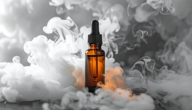 aromatherapy bottle mockup drifting in smoke, spa wellness branding, essential oil packaging