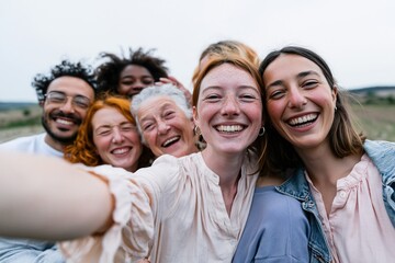 Fototapeta premium Multiracial group of joyful diverse friends taking a selfie together, featuring honest skin textures and candid smiles for community and lifestyle content