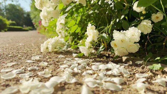 Lush white roses bloom beside a sunlit path. A soft blanket of fallen petals covers the gravel ground, creating a sweet feeling of gentle romance and serene peace.
