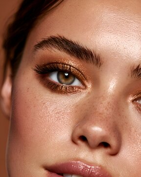 Close-up beauty portrait of a woman's eye with golden glitter eyeshadow and radiant skin