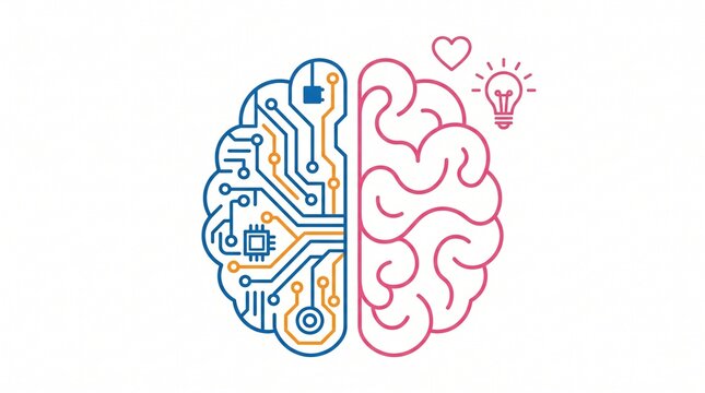 Minimalist line art vector illustration of a brain split into a tech circuit board on the left and organic curves with a lightbulb and heart on the right, representing logic versus creativity