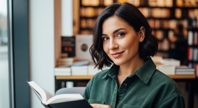 A confident brunette woman with short hair sits inside a spacious library or bookstore, holding an open book and smiling directly at the camera