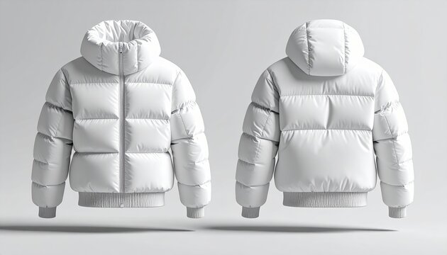 A fashion mockup of a puffer jacket with structured volume, shown from front and back perspective, soft realistic shadows, modern winter apparel template
