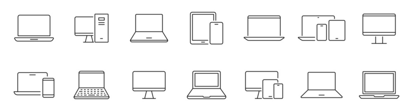 Computer icon set. Technology icons in line style. Editable web icons laptop, computer monitor, tablet and smartphone. Vector illustration.
