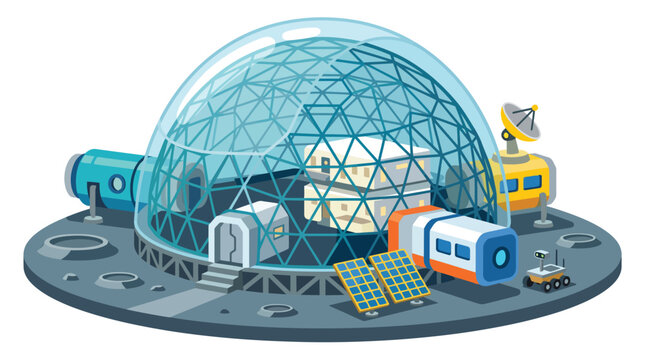 Futuristic lunar habitat dome base with solar panels and rover on alien surface for space exploration science concept art