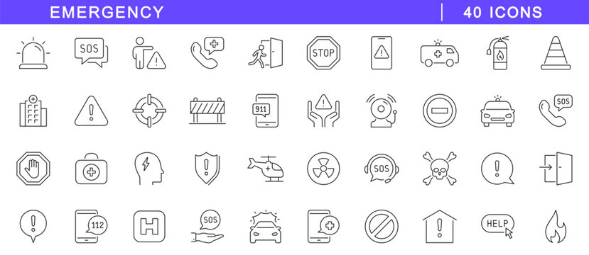 Emergency icon set. SOS icons in line style. Editable web icons emergency call, evacuation, help, ambulance, exit, emergency hotline etc. Vector illustration.
