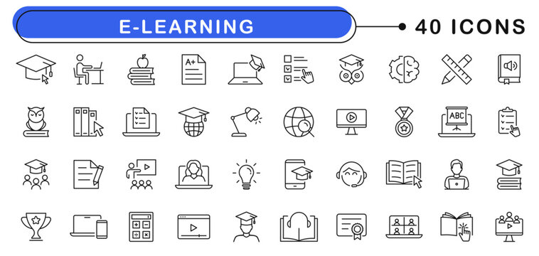 E-learning icon set. Online education icons in line style. Editable web icons for distance study, e-learning, online course, webinar, video tutorial, online lecture. Vector illustration.