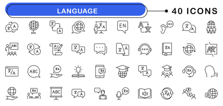Language icon set. Translation icons in line style. Editable web icons translate, writing, speech, speaking, dictionary, text, language. Vector illustration.