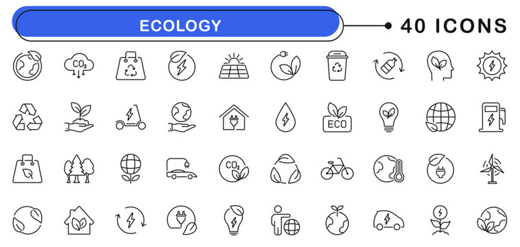 Ecology icon set. Eco icons in line style. Editable web icons ecofriendly, nature, recycle, eco, bio, power etc. Vector illustration.
