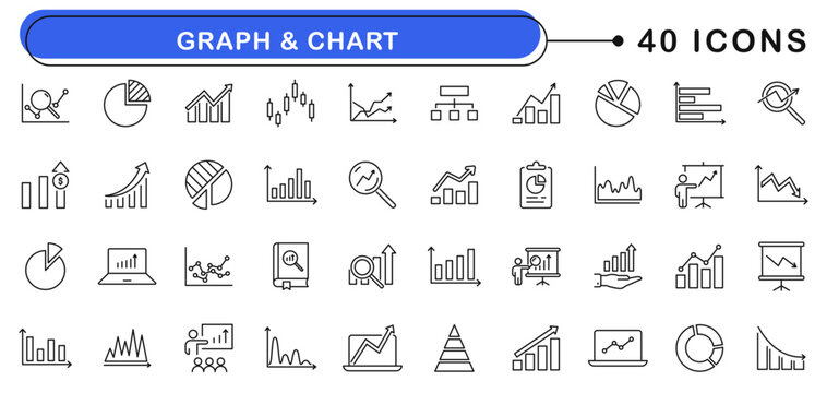 Graph and charts icon set. Data analytics icons in line style. Editable web icons data, graphics, statistics, diagrams, infographic, arrow, business, increase, decrease etc. Vector illustration.