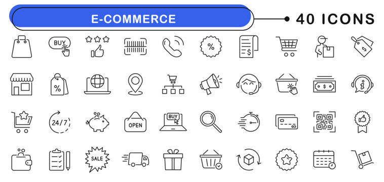 E-commerce icon set. Online shopping icons in line style. Editable web icons shop, cart, delivery, buy, product, wallet, barcode, price tag, sale etc. Vector illustration.