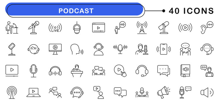 Podcast icon set. Podcasting icons in line style. Editable web icons microphone, radio, video, news, audio, webcast, record, broadcasting, voice, conference etc. Vector illustration.