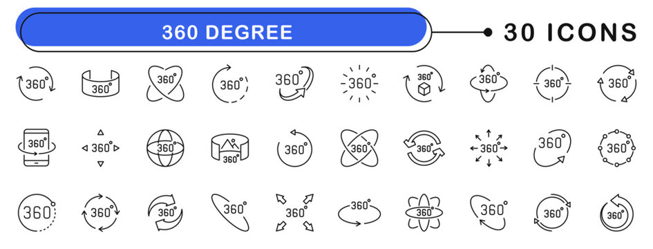 360 degrees view icon set. Rotation icons in line style. Editable web icons virtual reality, panoramic view, arrows etc. Vector illustration.