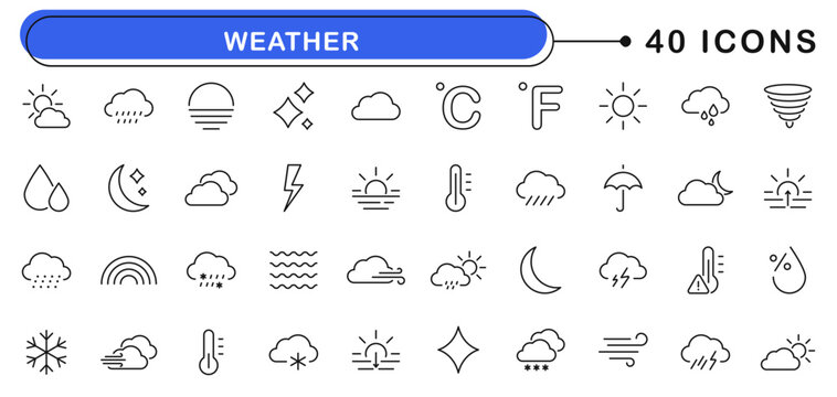 Weather icon set. Weather forecast icons in line style. Editable web icons suny, cloudy, rainy, thunderstorm, windy, snow, meteorological etc. Vector illustration.