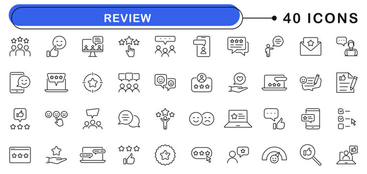 Review icon set. Feedback icons in line style. Editable web icons customer feedback, experience, opinion, questionnaire, poll, satisfaction etc. Vector illustration.
