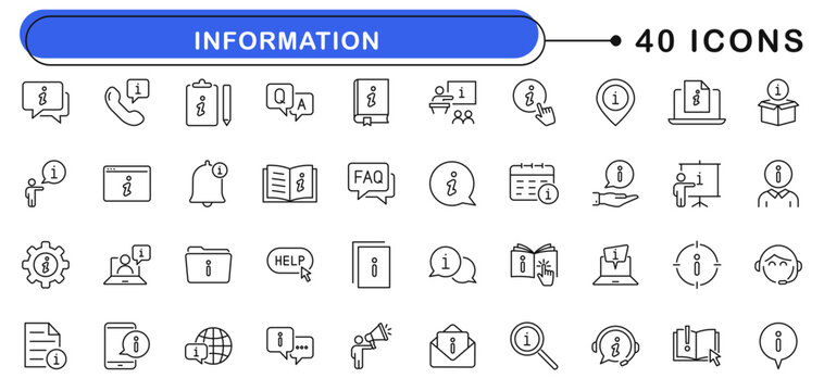 Information icon set. Info icons in line style. Editable web icons instruction, info center, guide, inform, reference, help etc. Vector illustration.