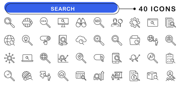 Search icon set. SEO icons in line style. Editable web icons magnifying glass, research, investigate, find, loupe etc. Vector illustration.