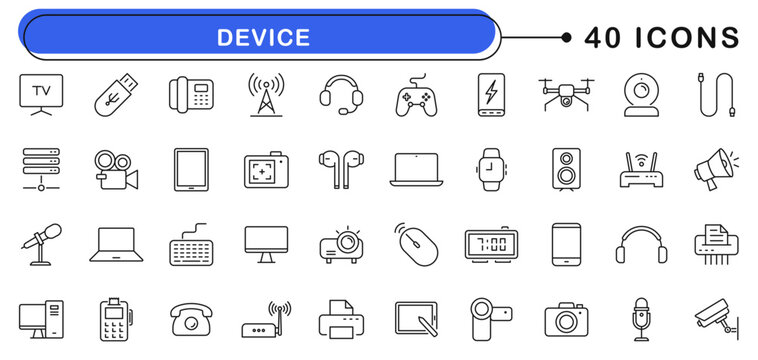 Devices icon set. Gadgets icons in line style. Editable web icons technology, TV, laptop, tablet, smartphone, computer monitor, camera, headphones etc. Vector illustration.