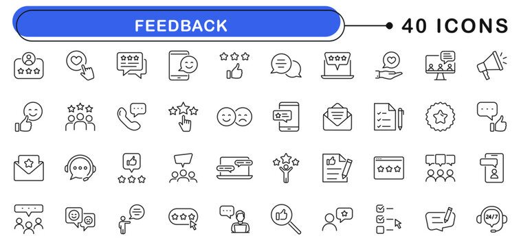 Feedback icon set. Customer satisfaction icons in line style. Editable web icons review, experience, opinion, questionnaire, poll, satisfaction etc. Vector illustration.