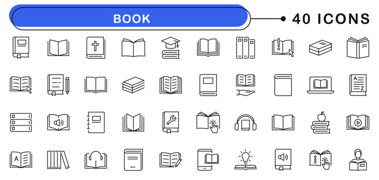 Book icon set. Reading icons in line style. Editable web icons for education, study, learning, science, library etc. Vector illustration.