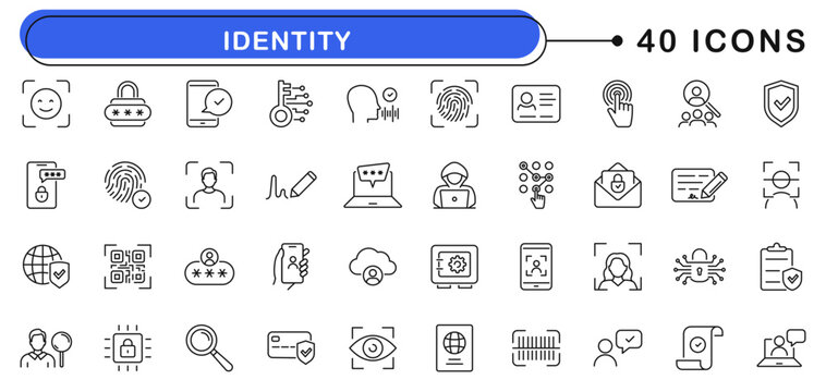 Identity icon set. Verification icons in line style. Editable web icons biometric, user security, verified account, privacy, safe access, secure login and data protection. Vector illustration.