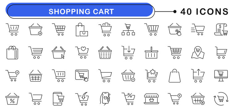 Shopping cart icon set. Trolley, bag, basket icons in line style. Editable web icons for buy, sale, online shopping and e-commerce. Vector illustration.