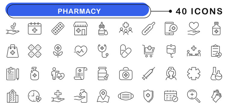 Pharmaceutical icon set. Pharmacy icons in line style. Editable web icons drug, medicine, prescription, tablet, capsule, dose, treatment, healthcare etc. Vector illustration.