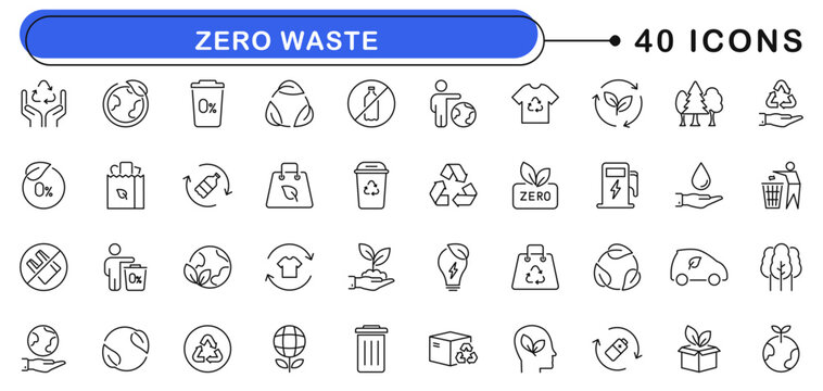 Zero waste icon set. Eco friendly icons in line style. Editable web icons recycling, waste management, composting, trash, composting, plastic free etc. Vector illustration.