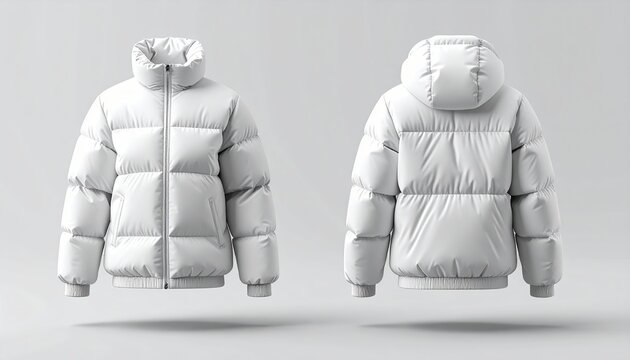 A fashion mockup of a puffer jacket with structured volume, shown from front and back perspective, soft realistic shadows, modern winter apparel template